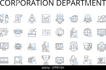 Collezione di icone della linea del reparto aziendale. Suite esecutiva, divisione Agenzia, ramo governativo, Camera giudiziaria, Assemblea legislativa, Business Illustrazione Vettoriale