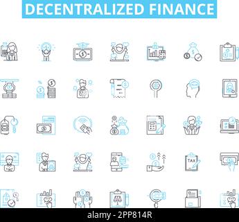 Set di icone lineari per la finanza decentralizzata. Defi, decentralizzato, Blockchain, Crypto, contratti Smart, Tokenizzazione, vettore di linea di liquidità e concetto Illustrazione Vettoriale