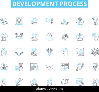 Set di icone lineari del processo di sviluppo. Analisi, pianificazione, progettazione, codifica, testing, Debug, vettore di linea di integrazione e segnali concettuali. Distribuzione Illustrazione Vettoriale