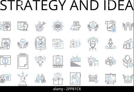 Strategia e idea linea icone raccolta. Scopo e obiettivo, visione e missione, piano e schema, approccio e metodo, direzione e istruzione Illustrazione Vettoriale