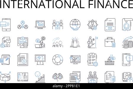 Collezione icone linea finanziaria internazionale. Finanza aziendale, economia globale, mercati dei capitali, gestione finanziaria, politica di governo, Investimento Illustrazione Vettoriale