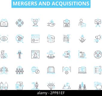 Set di icone lineari per fusioni e acquisizioni. Consolidamento, integrazione, sinergia, diluizione, acquisizione, Amalgamazione, vettore di linea di acquisto e segni di concetto Illustrazione Vettoriale