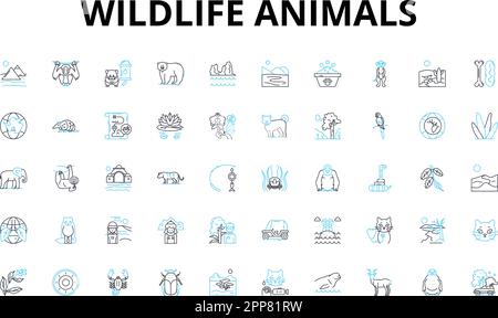 Animali selvatici icone lineari set. Elefante, giraffa, leone, tigre, pantera, Scimpanzé, simboli vettoriali Gorilla e segni di concetto di linea. Zebra, coccodrillo Illustrazione Vettoriale