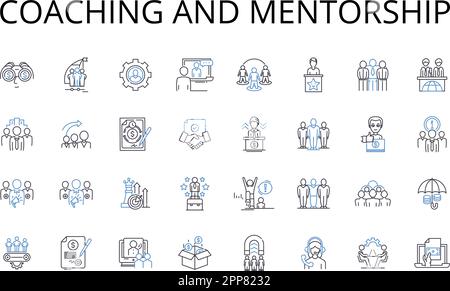 Raccolta di icone della linea di coaching e mentoring. Insegnamento e orientamento, leadership e direzione, formazione e istruzione, consulenza e consulenza Illustrazione Vettoriale