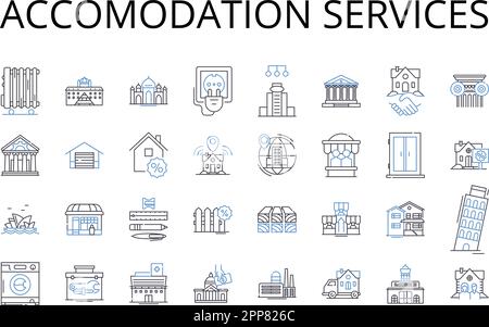 Servizi di alloggio linea icone collezione. Strutture ricettive, possibilità di alloggio, affitti di camere, servizi di shelter, abitazioni di imbarco, Servizi di ospitalità Illustrazione Vettoriale
