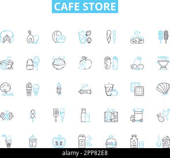 Cafe store icone lineari set. Caffè, latte, muffin, bagel, croissant, Segnali vettoriali per espresso, cappuccino e concept. Sandwich, brunch, colazione Illustrazione Vettoriale