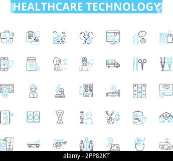 Set di icone lineari per la tecnologia sanitaria. Telemedicina, indossabili, cartelle cliniche elettroniche (EHR), intelligenza artificiale (ai), Blockchain, Telehealth Illustrazione Vettoriale