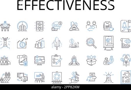 Raccolta di icone della linea di efficacia. Efficienza, produttività, capacità, potenza, prestazioni, Impotenza, vettore attitudinale e lineare Illustrazione Vettoriale