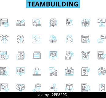 Set di icone lineari per la creazione di team. Collaborazione, fiducia, sinergia, leadership, comunicazione, Motivazione, vettore della linea di coesione e segnali concettuali Illustrazione Vettoriale