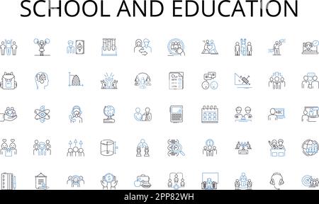 Collezione di icone per la scuola e l'istruzione. Audizioni, casting, Showcase, riconoscimento, Expo, Pool di talenti, vettore di ricerca Star e illustrazione lineare Illustrazione Vettoriale