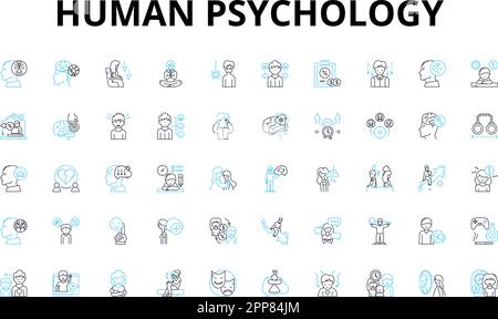 Psicologia umana icone lineari set. Mindset, emozione, comportamento, percezione, empatia, Autostima, simboli vettoriali di motivazione e segni di concetto di linea Illustrazione Vettoriale