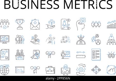 Raccolta di icone delle linee di metriche aziendali. Indicatori finanziari, misure delle prestazioni, analisi di marketing, metriche di vendita, dati operativi, Cliente Illustrazione Vettoriale