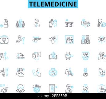 Set di icone lineari Telemedicine. Virtuale, consultazione, diagnosi, remoto, sanità, TeleHealth, videotorveglianza e segnaletica concettuale. Appuntamento Illustrazione Vettoriale