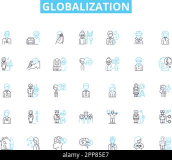 Icone lineari di globalizzazione impostate. Interconnessione, integrazione, interdipendenza, omogeneizzazione, scambi culturali, Standardizzazione Illustrazione Vettoriale