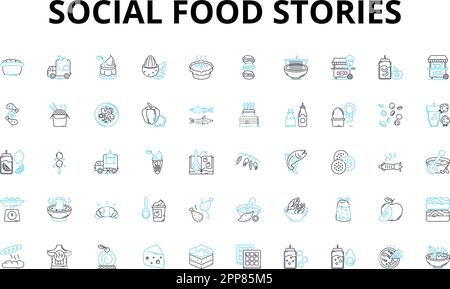 Storie di cibo sociale icone lineari set. Gastronomia, culinaria, Ricette, ingredienti, cucinare, Blogging, condivisione di simboli vettoriali e segnali di concetto di linea Illustrazione Vettoriale