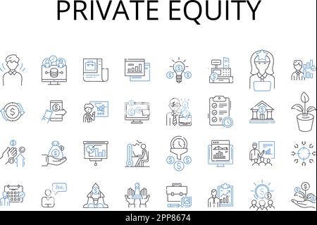 Collezione di icone private Equity line. Venture capital, Hedge Fund, azioni, Angel Investor, Società di acquisto, Investment Trust, iniezione di capitale Illustrazione Vettoriale