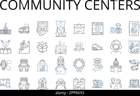 Collezione di icone delle linee dei centri comunitari. Istituzioni didattiche, centri culturali, spazi sociali, centri ricreativi, organizzazioni civiche, Hub di attività Illustrazione Vettoriale