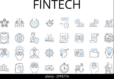 Collezione di icone della linea FinTech. Digital banking, tecnologia finanziaria, sistemi di pagamento elettronici, Mobile banking, servizi di pagamento online, Digitale Illustrazione Vettoriale