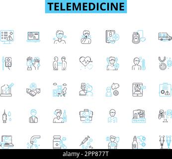 Set di icone lineari Telemedicine. Virtuale, consultazione, diagnosi, remoto, sanità, TeleHealth, videotorveglianza e segnaletica concettuale. Appuntamento Illustrazione Vettoriale
