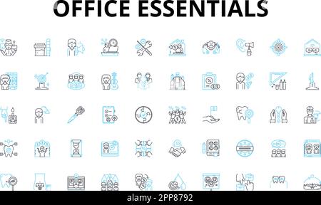 Set di icone lineari Office Essentials. Scrivania, sedia, computer, penna, notebook, Pinzatrice, simboli vettoriali delle buste e simboli di concetto delle linee. Graffette Illustrazione Vettoriale