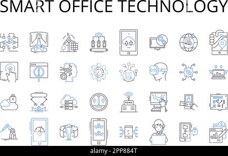 Collezione di icone di linea per la tecnologia Smart Office. Progettazione Web reattiva, algoritmi avanzati, marketing digitale, cloud computing, social media, Indossabile Illustrazione Vettoriale