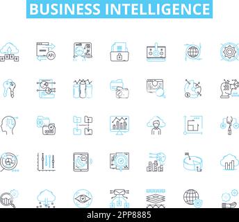 Set di icone lineari di Business Intelligence. Analisi, dati, approfondimenti, prestazioni, dashboard, Generazione di rapporti, vettore di linee di visualizzazione e segnali concettuali Illustrazione Vettoriale