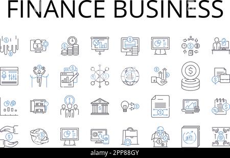 Raccolta di icone della linea di business finanziaria. Settore contabile, mondo bancario, settore d'investimento, settore dentario, mercato finanziario, Il regno fiscale, economico Illustrazione Vettoriale