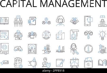 Collezione icone della linea di gestione del capitale. Controllo del bilancio, pianificazione fiscale, allocazione delle risorse, strategia di Mentia, amministrazione dei fondi, Gestione del Tesoro Illustrazione Vettoriale