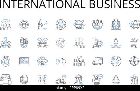 Collezione internazionale di icone business line. Commercio globale, commercio estero, affari multinazionali, rapporti transnazionali, economia mondiale, Croce Illustrazione Vettoriale