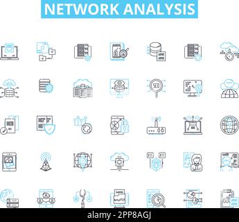 Set di icone lineari per l'analisi di rete. Grafico, nodi, bordi, centralità, connettività, Grado nodo, vettore linea hub e segnali concettuali. Clustering Illustrazione Vettoriale