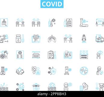 Set di icone lineari Covid. Pandemia, Coronavirus, blocco, quarantena, distanza sociale, Vaccinazione, vettore Delta line e segnali concettuali. Maschera Illustrazione Vettoriale