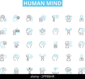 Set di icone lineari per la mente umana. coscienza, percezione, cognizione, emozione, memoria, intuizione, vettore di linea di ragionamento e segni concettuali. empatia Illustrazione Vettoriale