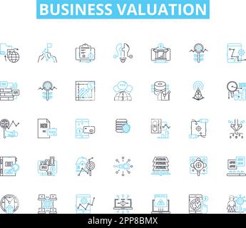 Set di icone lineari di valutazione aziendale. Valutazione, valutazione, patrimonio netto, attività, passività, NET Worth, vettore di linea e segnali concettuali finanziari. Flusso di cassa Illustrazione Vettoriale