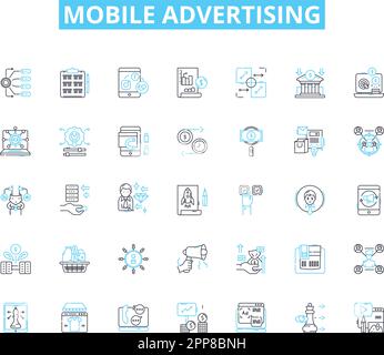Set di icone lineari per la pubblicità mobile. Impressioni, clic, conversioni, targeting, coinvolgimento, Geolocalizzazione, vettore di linea di personalizzazione e concetto Illustrazione Vettoriale