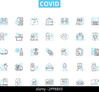 Set di icone lineari Covid. Pandemia, Coronavirus, blocco, quarantena, distanza sociale, Vaccinazione, vettore Delta line e segnali concettuali. Maschera Illustrazione Vettoriale