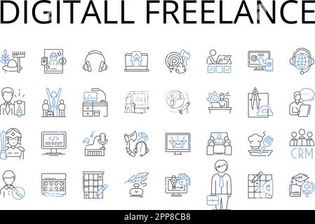 Collezione di icone della linea di Digitall Freelance. Imprenditore online, Virtual Contractor, Consulente remoto, Guru dell'e-Commerce, Digital Marketer, Tech Maverick Illustrazione Vettoriale