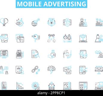 Set di icone lineari per la pubblicità mobile. Impressioni, clic, conversioni, targeting, coinvolgimento, Geolocalizzazione, vettore di linea di personalizzazione e concetto Illustrazione Vettoriale