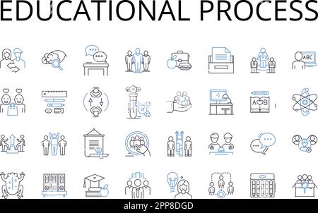 Raccolta di icone della linea del processo educativo. Percorso di apprendimento, inseguimento intellettuale, acquisizione di conoscenze, impresa accademica, programma di formazione Illustrazione Vettoriale