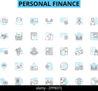Set di icone lineari per la finanza personale. Budget, risparmio, investimento, spese, credito, Obbligazione, vettore di linea di pensionamento e segnali concettuali. Assicurazione Illustrazione Vettoriale