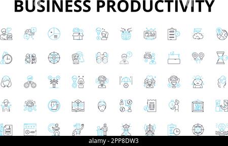 Set di icone lineari per la produttività aziendale. Efficienza, ottimizzazione, semplificazione, innovazione, tempestività, Pianificazione, simboli vettoriali di collaborazione e. Illustrazione Vettoriale
