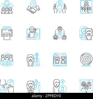 Icone lineari del sito di lavoro impostate. Occupazione, carriera, lavoro, assunzione, reclutamento, Elenchi, vettore di linea di opportunità e segnali di concetto. Aperture,Ricerca,Riprendi Illustrazione Vettoriale