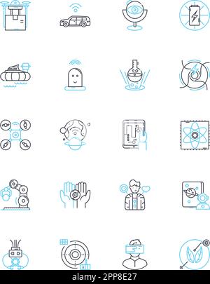 Innovazioni avanzate icone lineari set. Futuristico, all'avanguardia, rivoluzionario, tecnologico, innovativo, Innovativo vettore di linea e. Illustrazione Vettoriale