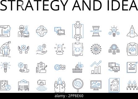 Strategia e idea linea icone raccolta. Scopo e obiettivo, visione e missione, piano e schema, approccio e metodo, direzione e istruzione Illustrazione Vettoriale