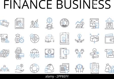 Raccolta di icone della linea di business finanziaria. Settore contabile, mondo bancario, settore d'investimento, settore dentario, mercato finanziario, Il regno fiscale, economico Illustrazione Vettoriale