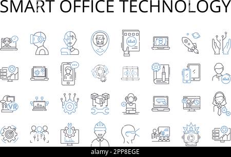 Collezione di icone di linea per la tecnologia Smart Office. Progettazione Web reattiva, algoritmi avanzati, marketing digitale, cloud computing, social media, Indossabile Illustrazione Vettoriale