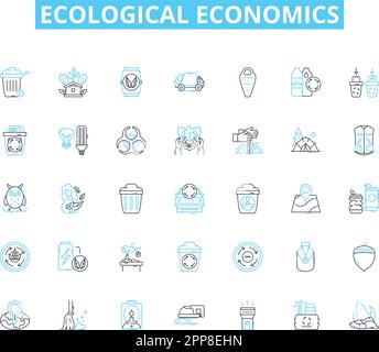 Economia ecologica icone lineari set. Sostenibilità, ambiente, economia, risorse, clima, Sistemi, vettore di linea politica e segnali di concetto Illustrazione Vettoriale