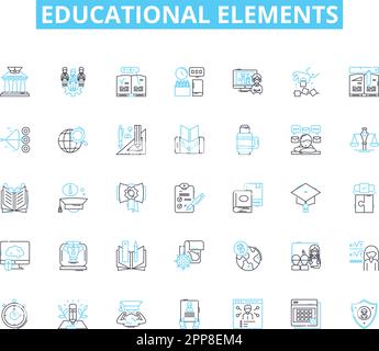 Set di icone lineari per elementi didattici. Curriculum, piani delle lezioni, valutazioni, insegnamento, apprendimento, Istruzioni, linee vettoriali e segnali concettuali dei libri di testo Illustrazione Vettoriale