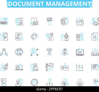 Set di icone lineari per la gestione dei documenti. Organizzazione, efficienza, automazione, sicurezza, flusso di lavoro, Collaborazione, vettore di linea di audit e segnali concettuali Illustrazione Vettoriale