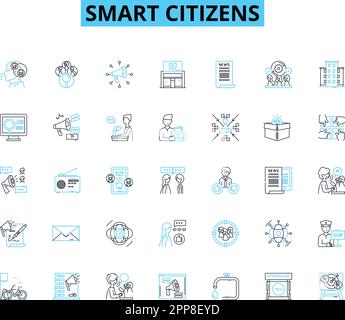 Set di icone lineari Smart Citizens. Connesso, digitale, innovativo, consapevole, proattivo, Segnali di concetto e vettori di linea collaborativi e impegnati. Efficiente Illustrazione Vettoriale