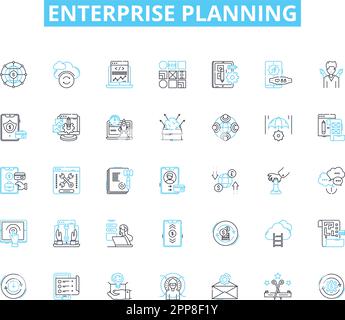 Set di icone lineari per la pianificazione aziendale. Strategia, bilancio, previsione, analisi, ottimizzazione, Esecuzione, progettazione vettore di linea e segnali concettuali Illustrazione Vettoriale